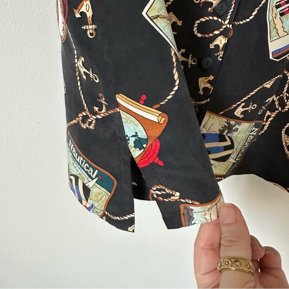 Vintage 100% Silk Nautical Print Button Down Shirt Black Casual Corner L - Picture 4 of 6